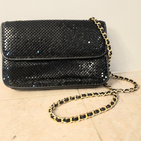 VTG Whiting & Davis Black Liquid‎ Metal Mesh Bag Gold Chain 70s - Picture 1 of 11
